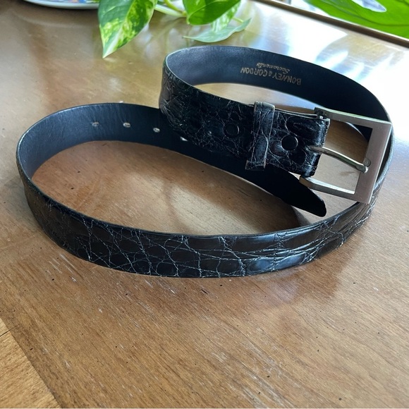 Vintage Black Alligator Leather Belt with Silver Tone Brass Buckle 32" - Picture 1 of 11